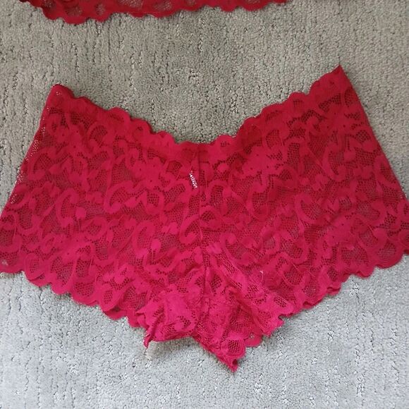 Lingerie Set Bralette Bra Boy Short Panty Medium Maroon Lace Sleepwear Nightwear - Picture 2 of 10